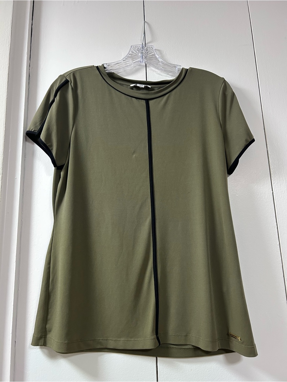 Calvin Klein Olive Green Short Sleeve Dress Shirt with Black Trim